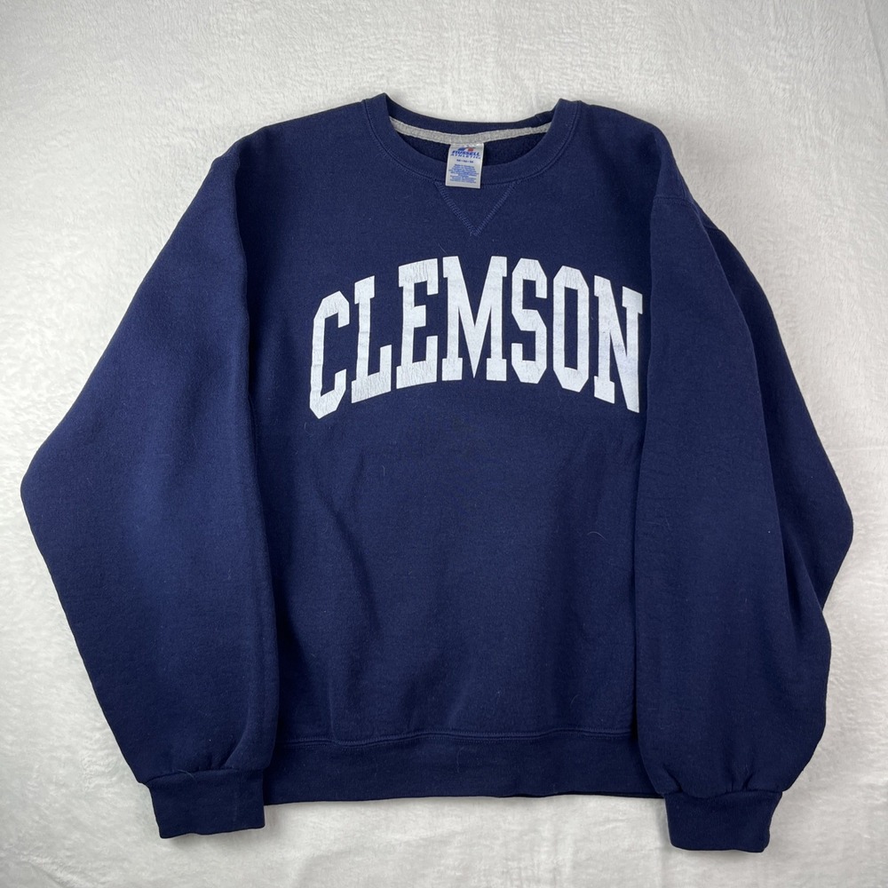 Russell Athletic Clemson Sweatshirt Mens Medium Navy Blue Fleece Lined Spellout